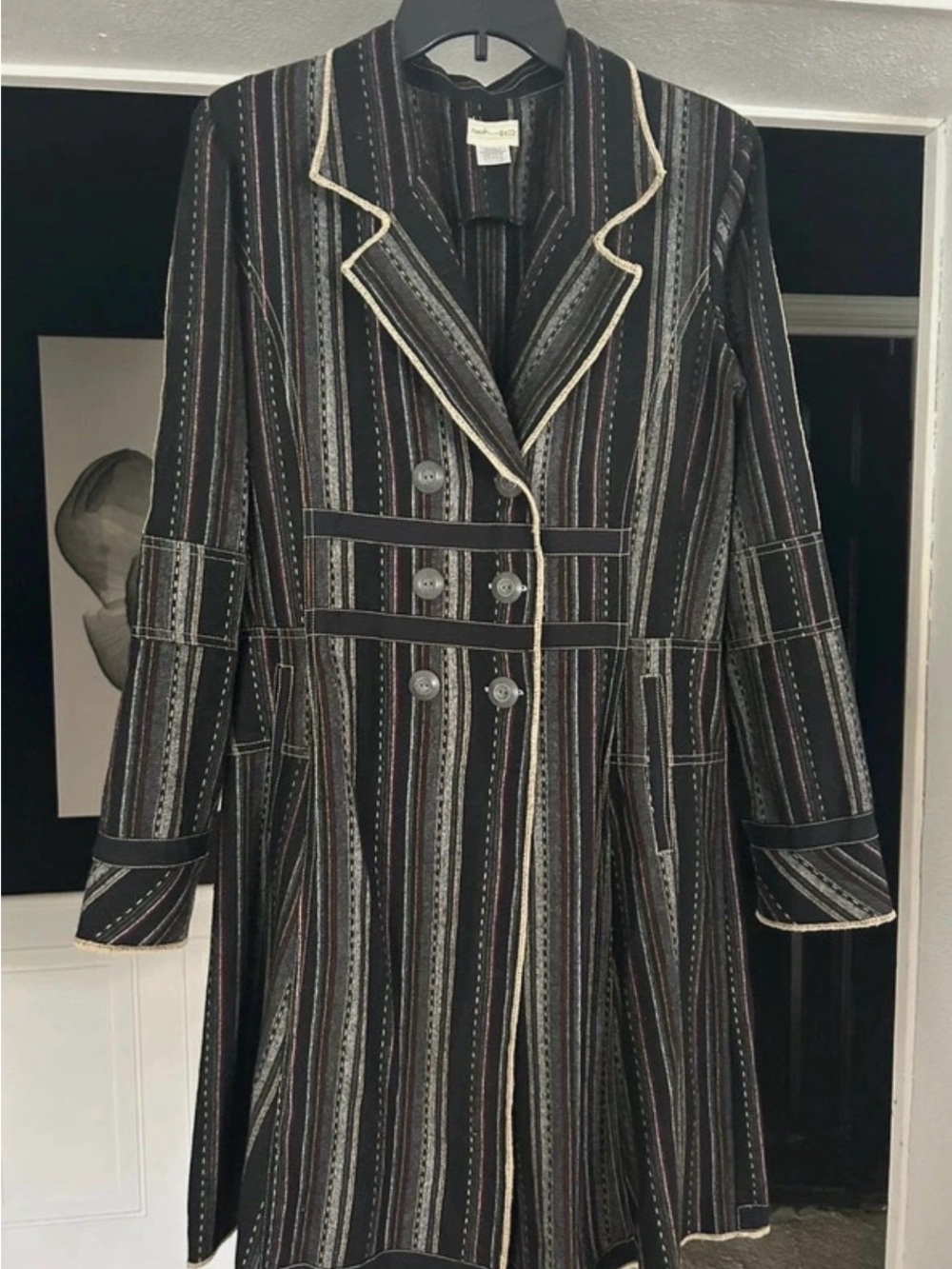 Gorgeous Women's Black Striped Double-Breasted Pea Coat with Contrast Trim